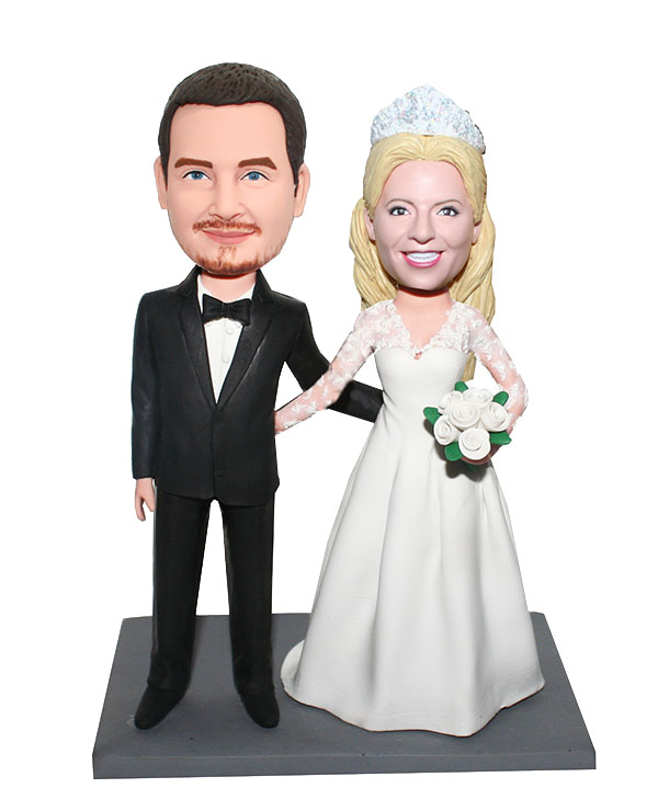 Custom Wedding Bobbleheads Bride With Crown Arms Around Groom - Click Image to Close