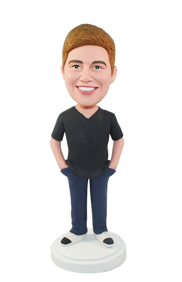 Bobbleheads Boy In V Collar Black T-shirt And Blue -Personalized - Click Image to Close