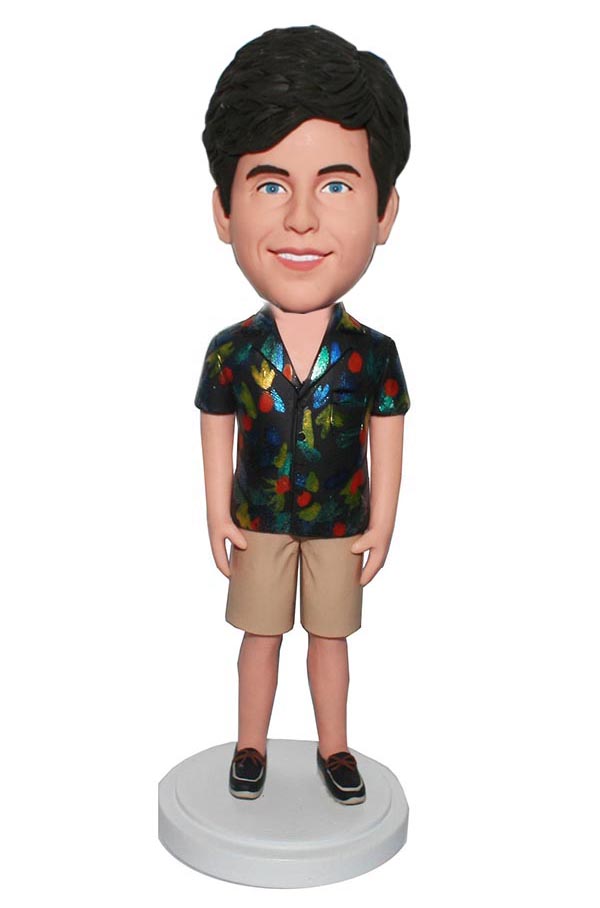 Personalized Bobble Head Male In Tan Shorts With Hawaiian Shirt