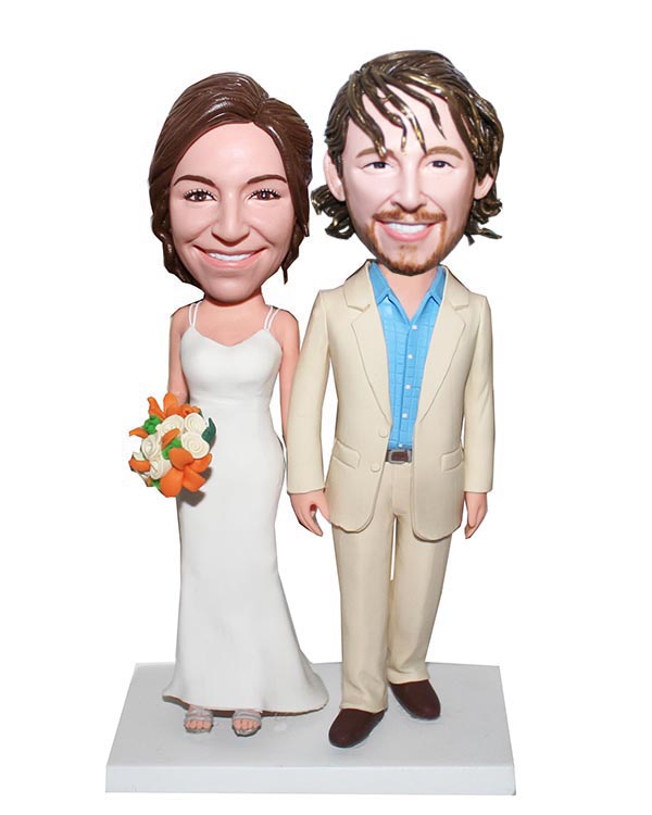 Customized Bobblehead Happy Couple Hand In Hand With Bouquet-Pho