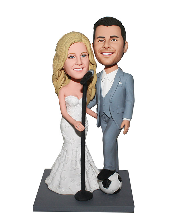 Custom Wedding Bobbleheads Couple With Microphone And Soccer Ball