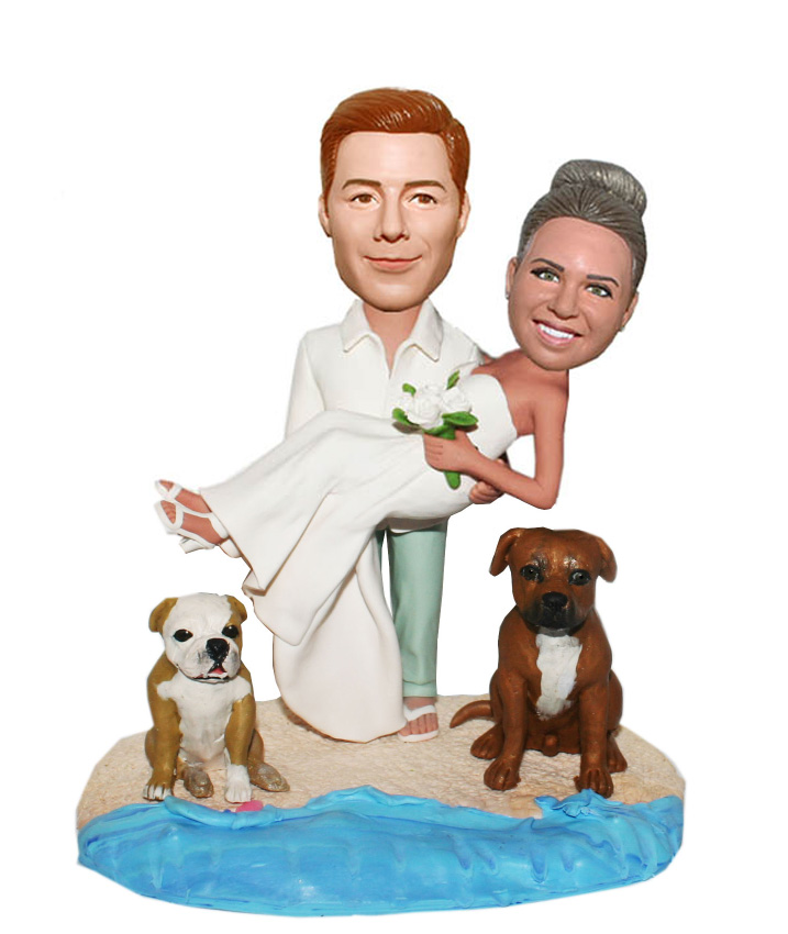 Custom Wedding Bobbleheads Groom Holding Bride On Sand With Dogs