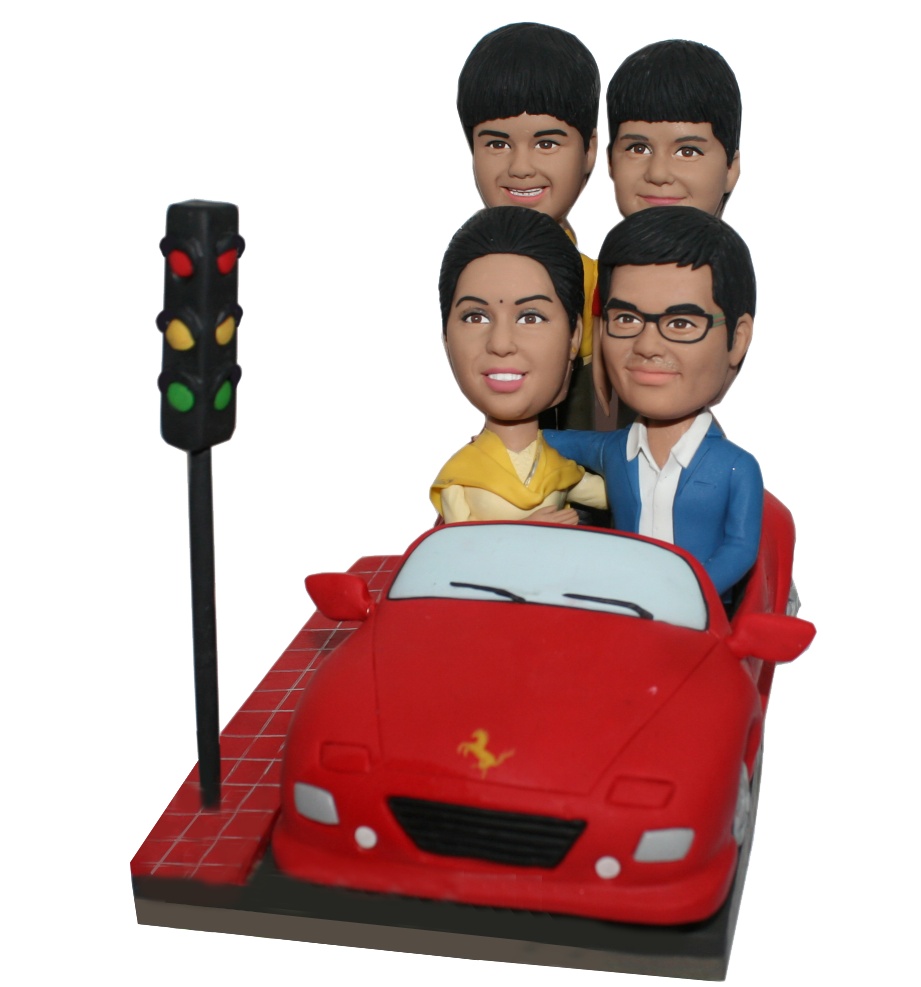 Personalized Family Of Four Bobbleheads Couple And Children Driving