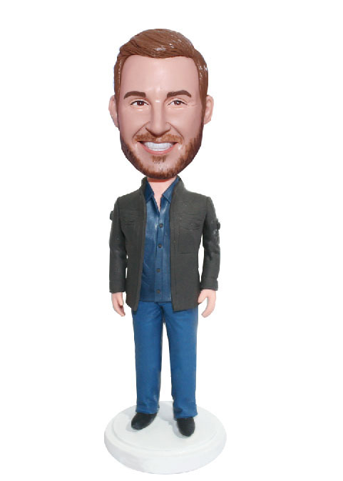 Customized Casual Bobblehead Male In Brown Jacket And Blue Jeans