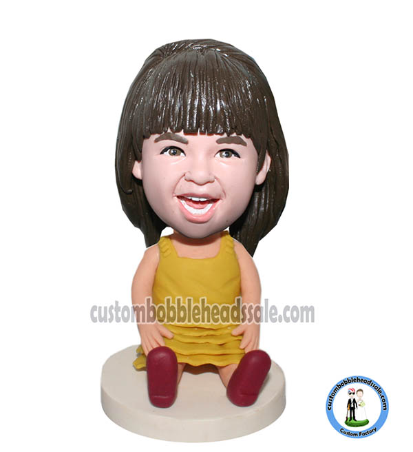 Personalized Girl Bobble Head In Yellow Skirt Sit On Floor