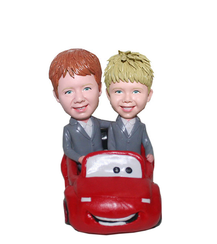 Custom Bobblehead Doll Brothers Driving A Red Car