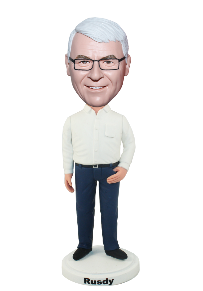 Casual Bobbleheads Male In White And Blue With One Hand On Pocke