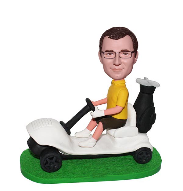 Custom Bobblehead Male In Polo Shirt And Short Driving The Golf