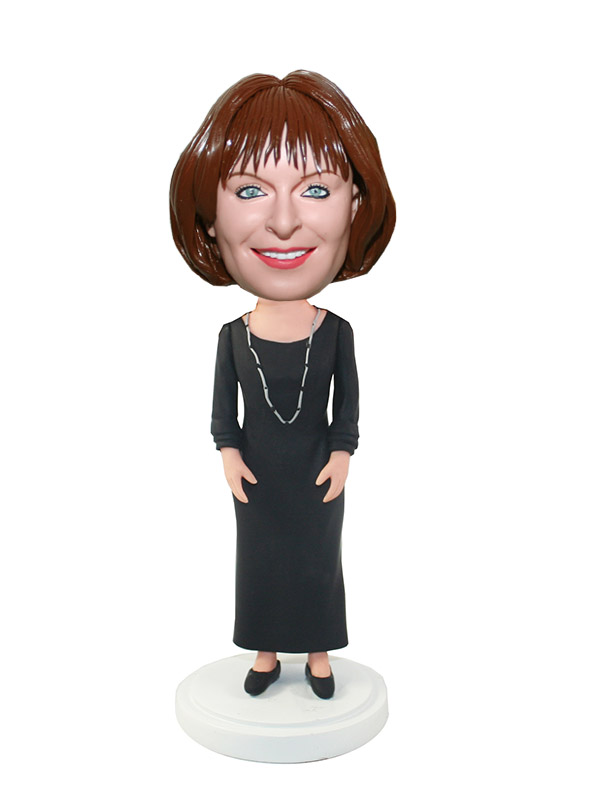 Custom Bobblehead Female In Black Dress With Silver Necklace