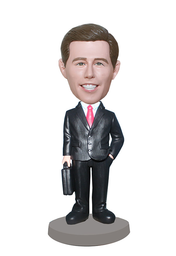Custom Personalized Bobblehead Male In Black Suit With A Briefcase