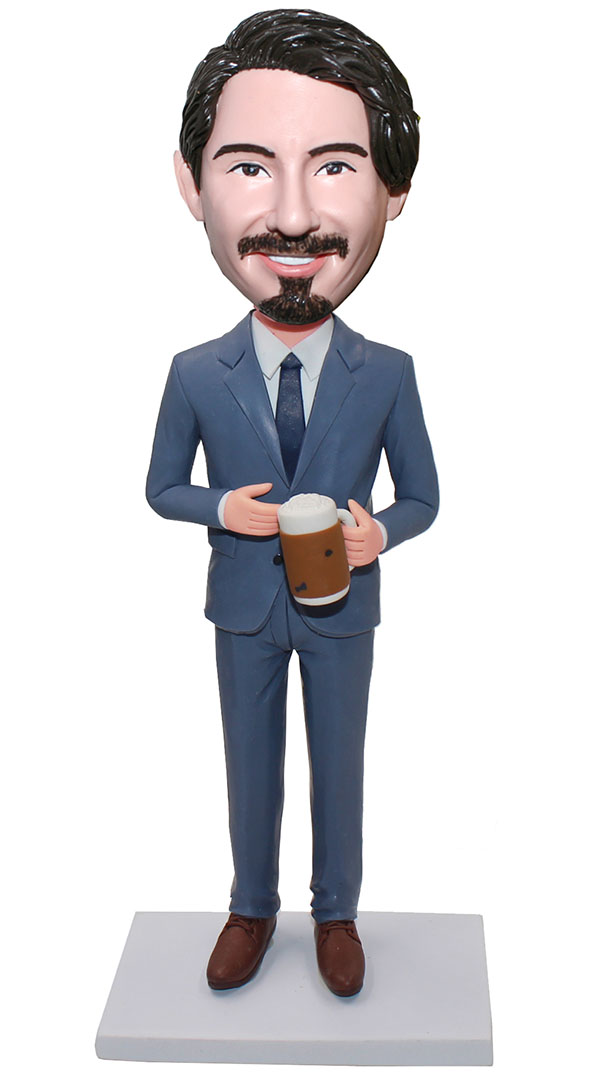 Custom Grey Suits Bobblehead Hand Holding A Coffee Cup